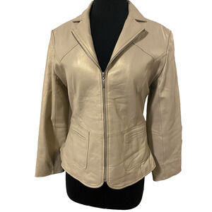 Brandon Thomas Womens Gold Shimmer Leather Moto Jacket Size Large Full Zip Coat